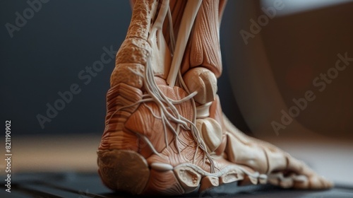 Foot and ankle showing skin texture and tendons.