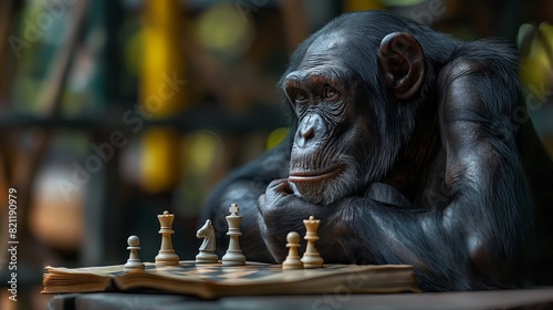 Adult chimpanzee thinking deeply and studying a chess board