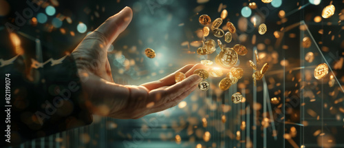 Award Winning Stock A dramatic portrayal of financial growth, with a hand releasing a swarm of golden Bitcoin symbols, blending into an upward soaring graph The double exposure tec