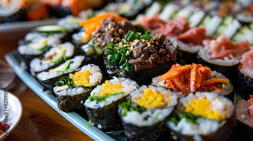 Colorful variety of korean gimbap with a medley of vegetables, eggs, and meats, presented in an elegant traditional platter