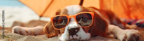 Sleepy Puppy Resting Under Beach Umbrella in Stylish Sunglasses