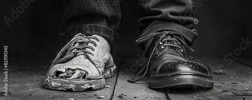 A beggars wornout shoes beside a rich mans polished ones, realistic, monochrome, digital art, highlighting socioeconomic contrast