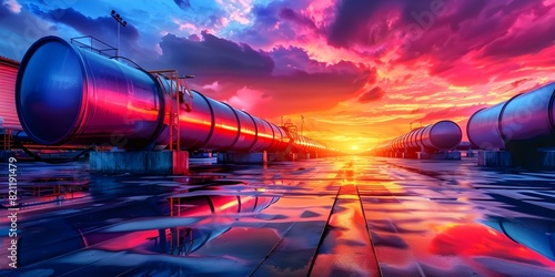 Sunset view of industrial pipelines highlighting modern energy infrastructure against a vibrant sky. Concept Industrial Infrastructure, Sunset View, Energy Sector, Vibrant Sky, Pipelines