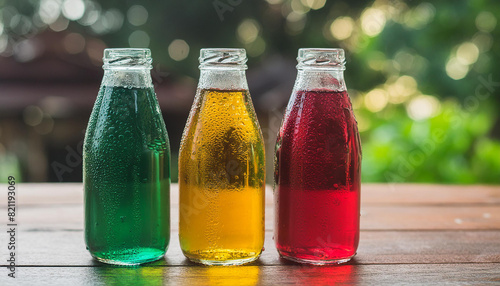 Colorful carbonated drinks in glass bottles with condensation drops. Delicious beverage.