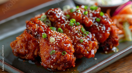 Traditional korean fried chicken with a zesty glaze, topped with sesame seeds and fresh green onions, presented on a platter