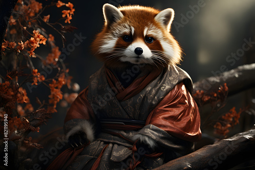 Red Panda wear traditional Japanese samurai