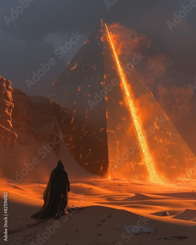 The image shows a dark figure standing in front of a large, glowing pyramid