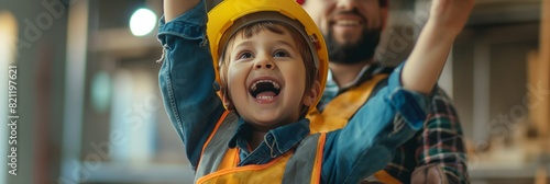 Playful father and son wearing hard hats pretend to be in construction, depicting family bonding and learning