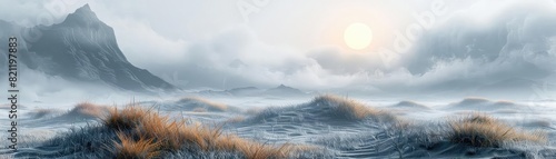 Highland Plateau during a foggy morning flat design front view misty solitude theme 3D render Monochromatic Color Scheme