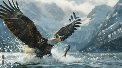 Bald eagle catching fish: showcasing precision and hunting prowess in a photo realistic image of this magnificent bird of prey in action at the lake