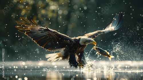 Bald Eagle Catching Fish: Stunning Realistic Image Capturing a Majestic Bird of Prey s Precision and Hunting Prowess in Action Over a Serene Lake Environment