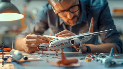 A man showcasing precision, patience, and creativity while building realistic model airplanes Photo Stock Concept