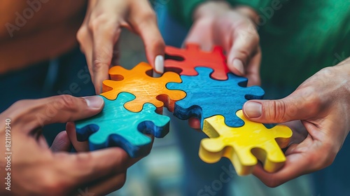 Close-up of diverse hands connecting colorful puzzle pieces, symbolizing teamwork, collaboration, and unity in problem-solving.