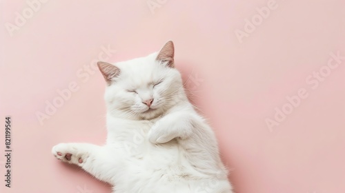 Cute white cat sleeping on pink background