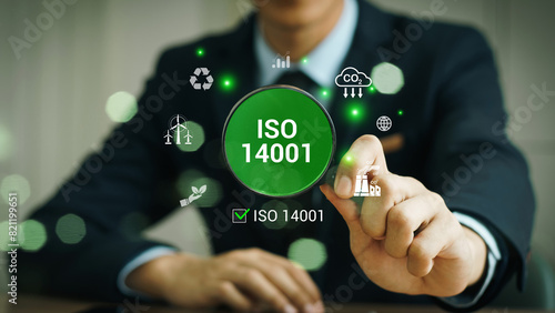 14001 certified for environmental management systems (EMS). Identify, control and reduce the environmental impact of activities. Modern ISO banner.