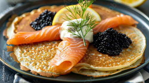 Delicate ukrainian blini topped with smoked salmon, black caviar, a dollop of sour cream, and fresh dill on a dark plate