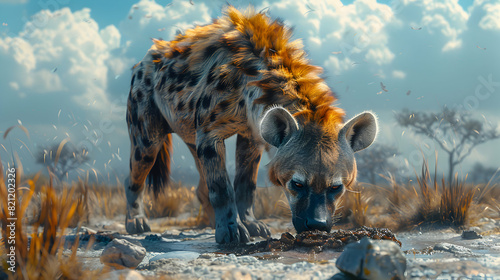 Adaptability and Survival Instincts: Photo Realistic Image of a Hyena Scavenging for Food in the Savannah