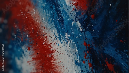 A close up of a painting with red, blue and white paint,.