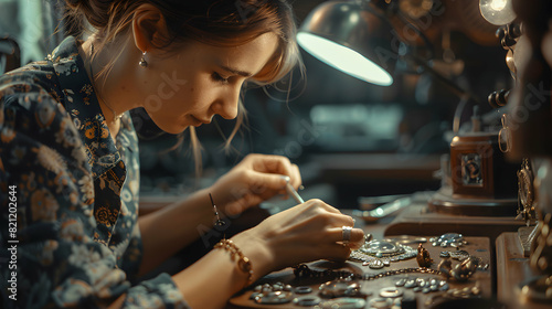 Photo realistic of a woman immersed in jewelry making, showcasing the intricate craftsmanship and creativity involved in this artistic hobby