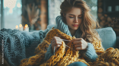 A woman knitting on a cozy couch, highlighting the relaxation and satisfaction of this traditional and comforting hobby on Photo Stock.