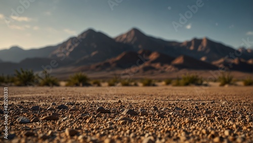 A desert landscape with a mountain in the distance,.