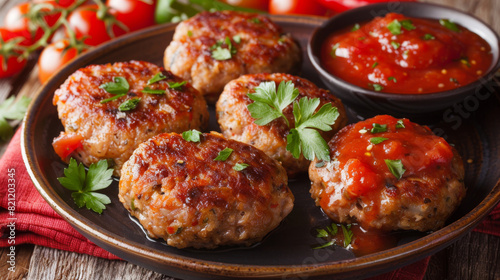 Served on a rustic plate, these juicy ukrainian meat cutlets with fresh parsley and tangy tomato sauce celebrate classic eastern european cuisine
