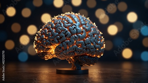 A glowing brain with a bunch of lights around it,.