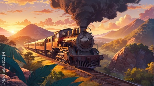 aerial view steam locomotive train at beautiful sunset panorama 