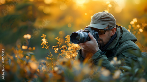 Photo Stock: A man capturing the beauty of nature through photography, showcasing his passion for this creative hobby in a photorealistic concept