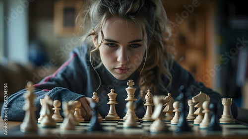 Mindful Strategy: A Woman Engaging in Chess, Symbolizing Strategic Thinking and Mental Engagement in this Classic Hobby
