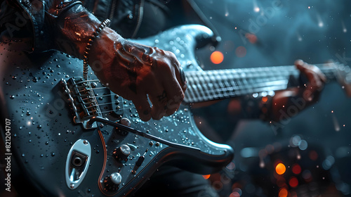 Excitement and Creativity: Man Playing Electric Guitar in Realistic Photo Highlighting Musical Passion as Hobby