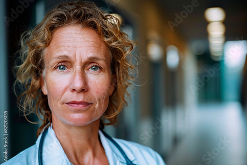 A veteran female doctor gazes thoughtfully, representing professionalism and experience in the medical field