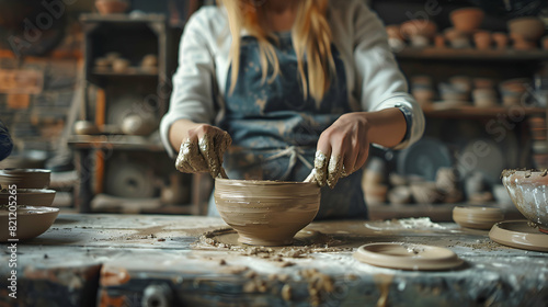 Creative Woman: Pottery Making in Ceramics Studio Showcasing Hands On Craftsmanship in Photo Realistic Concept