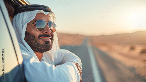 a content man wearing a white kandura, leaning out of a luxury car, a desert highway stretching out behind him.