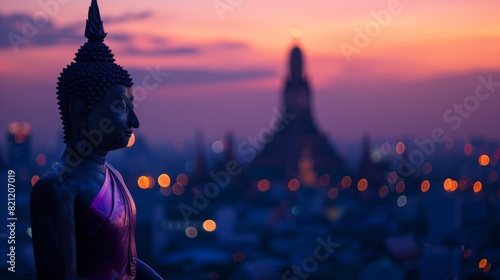 Silhouette of a Buddha statue with a cityscape in the background at twilight.