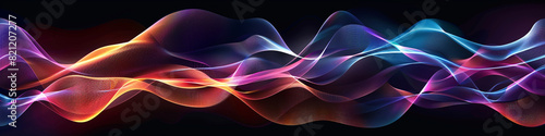 Produce a panoramic vector graphic of sound waves flowing and curving gracefully in a lively, wave-inspired arrangement.