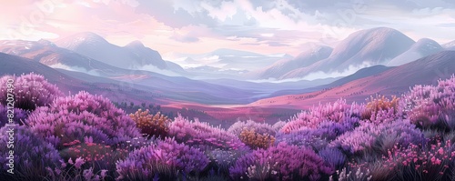 Moorland with blooming heather flat design side view purple bloom theme water color Analogous Color Scheme