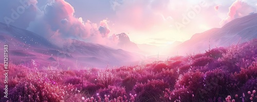 Moorland with blooming heather flat design side view purple bloom theme water color Analogous Color Scheme