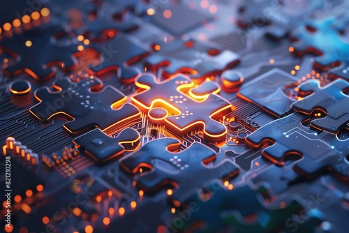 Close-up of a digital circuit board integrated with a jigsaw puzzle, illustrating technology and problem-solving concepts.