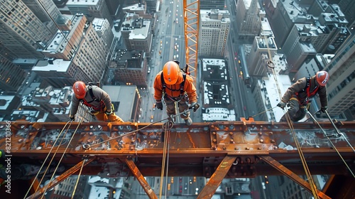 Aerial view of construction workers in safety harnesses walking on narrow steel beams, city below
