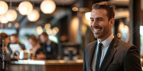 A well-dressed man smiles candidly in a hotel lobby, adding a human touch to corporate and travel themes