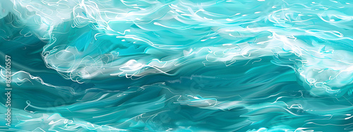 Seamless abstract turquoise blue rolling ocean waves seascape painting background texture, ideal for summer vacation beach theme or nautical digital art patterns.