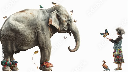 An elephant in whimsical, fairy-tale inspired pants, interacting with magical creatures.,space for text,isolated on white background