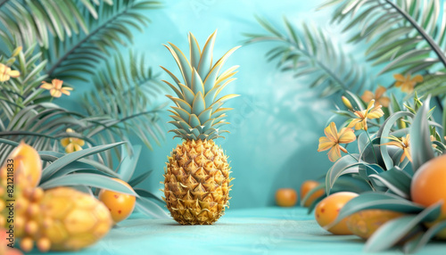 A pineapple is the main focus of the image, surrounded by various fruits by AI generated image