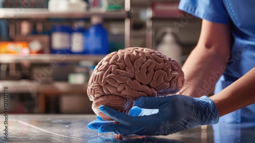 A healthcare professional in gloves handling a realistic model of the human brain in a laboratory setting. Science and education concept.