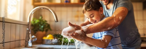 A father is helping his child wash hands under the kitchen sink, teaching hygiene with a playful interaction