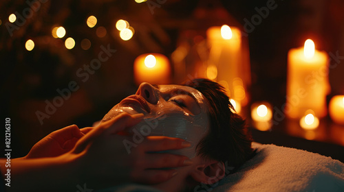 A person lying down receiving a relaxing facial massage in a candlelit room, symbolizing tranquility and self care, soft studio lighting.