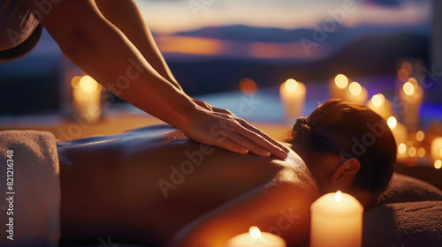 A person receiving a relaxing back massage in a serene environment with candles and soft lighting, promoting wellness and tranquility, soft studio lighting