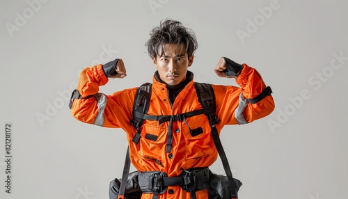 Stylish man in orange work suit flexing