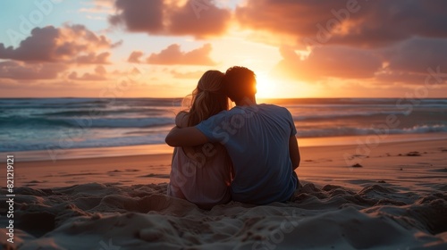 Young couple standing on a rocky cliff by the sea, gazing into each other eyes with a backdrop of crashing waves and a colorful sunset